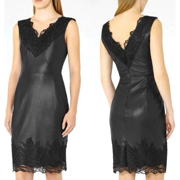 Reiss Etty Black Leather And Lace Mini Sleeveless Cocktail Party Dress Size 6 - Picture 1 of 13